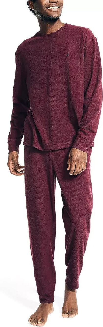 NAUTICA Sleepwear Mens Small Burgundy Waffle Knit Thermal Pajama PJ Set